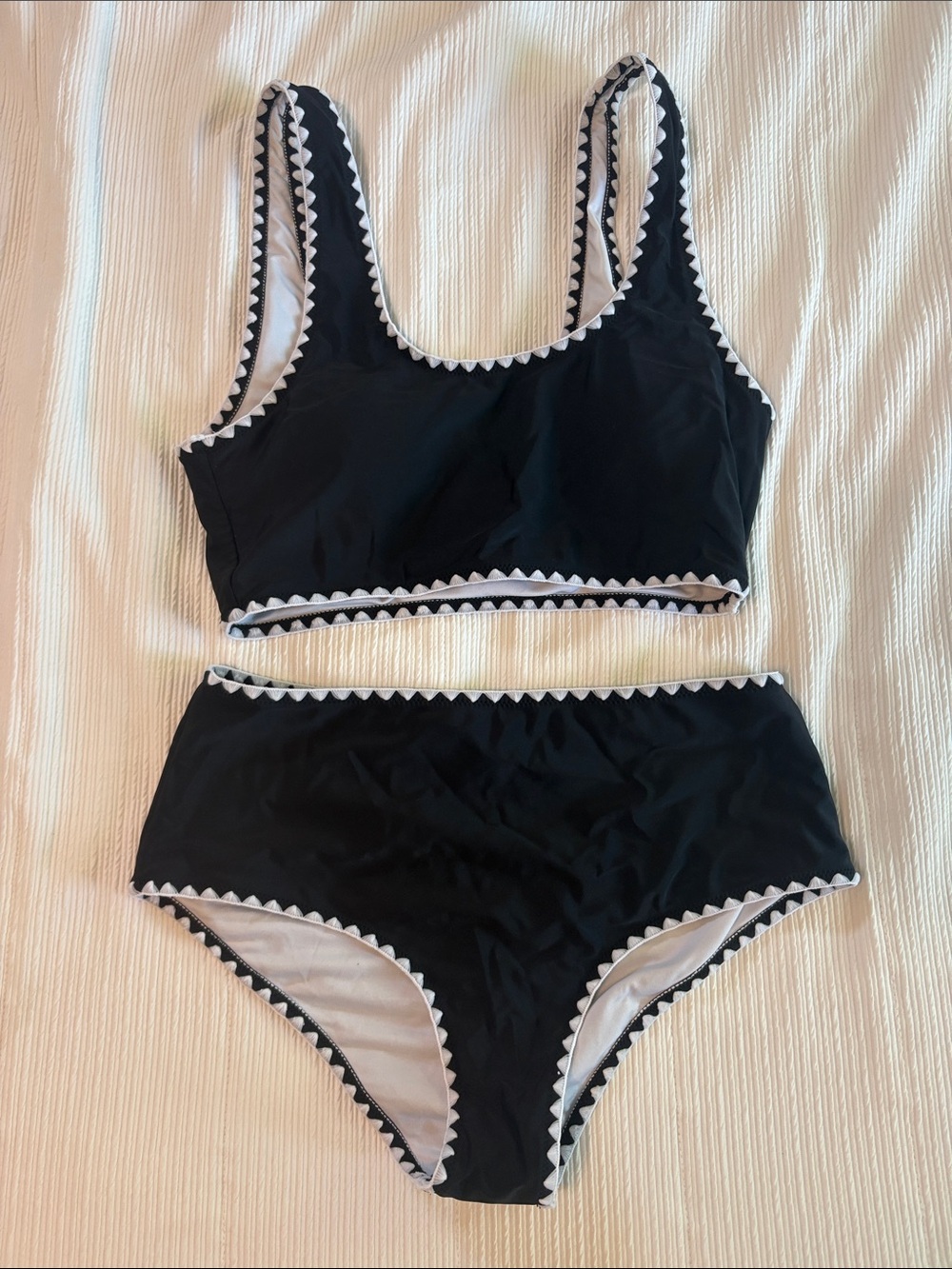 Black High-Waist Bikini Set with White Trim